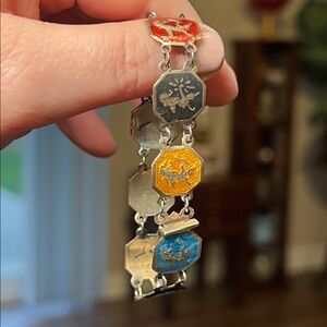Vintage Siam Nielloware Dancer Multicolor Enamel Sterling Silver Panel Bracelet